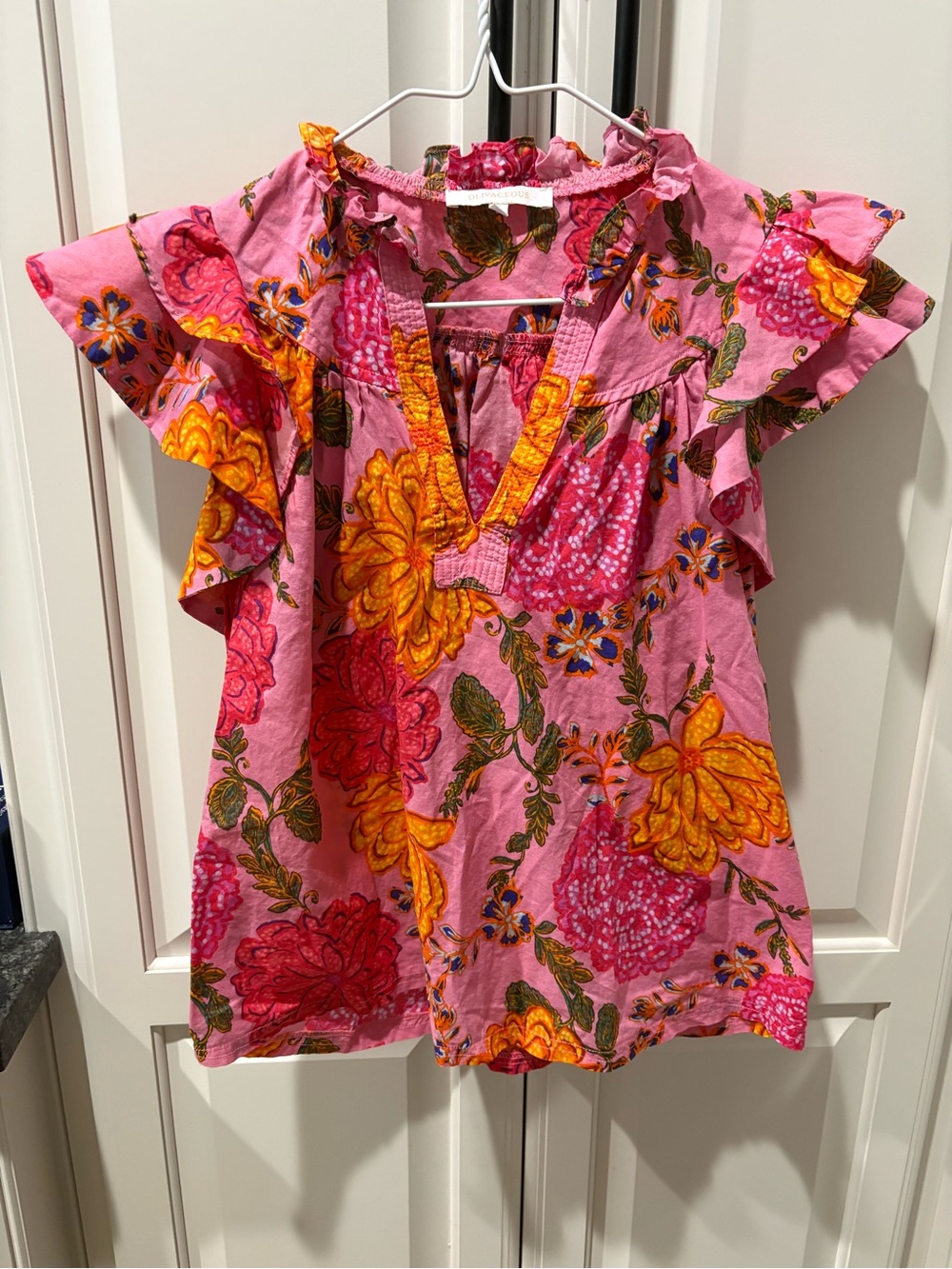 Olivaceous Pink Floral Ruffle-Sleeve Blouse